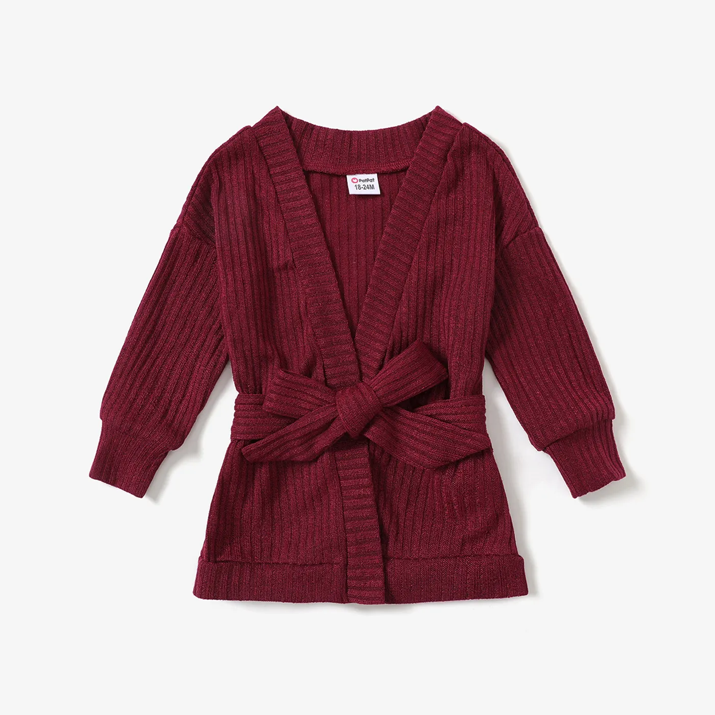 Toddler Girl Solid Color Ribbed Belted Open Front Cardigan Jacket Burgundy