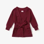 Toddler Girl Solid Color Ribbed Belted Open Front Cardigan Jacket Burgundy