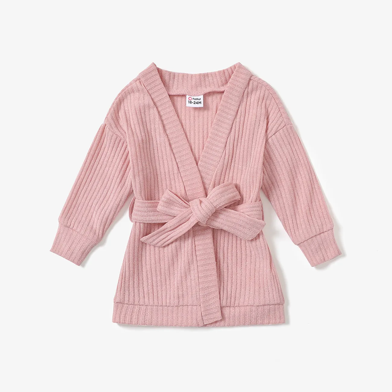 Toddler Girl Solid Color Ribbed Belted Open Front Cardigan Jacket Pink big image 1