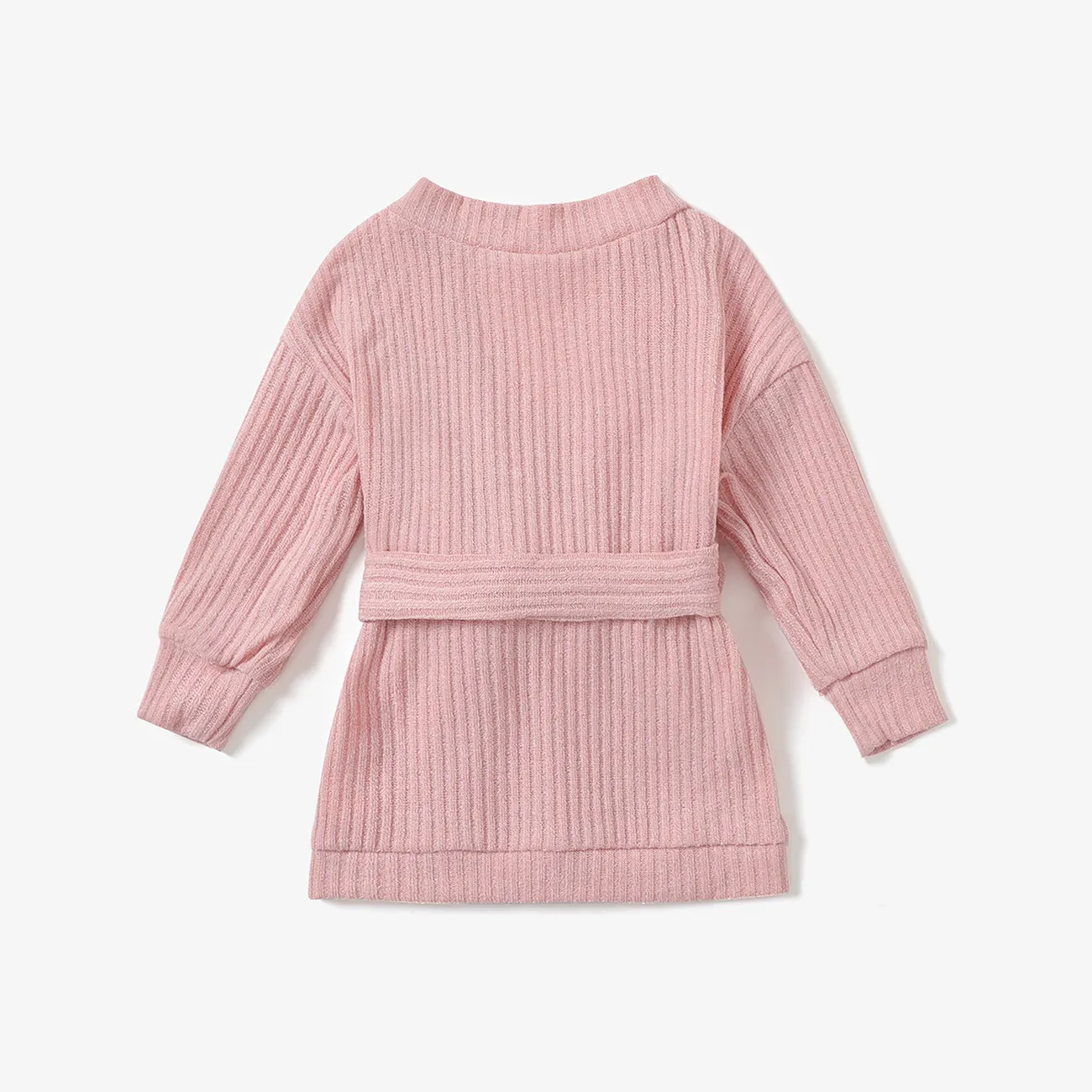 Toddler Girl Solid Color Ribbed Belted Open Front Cardigan Jacket Pink big image 1