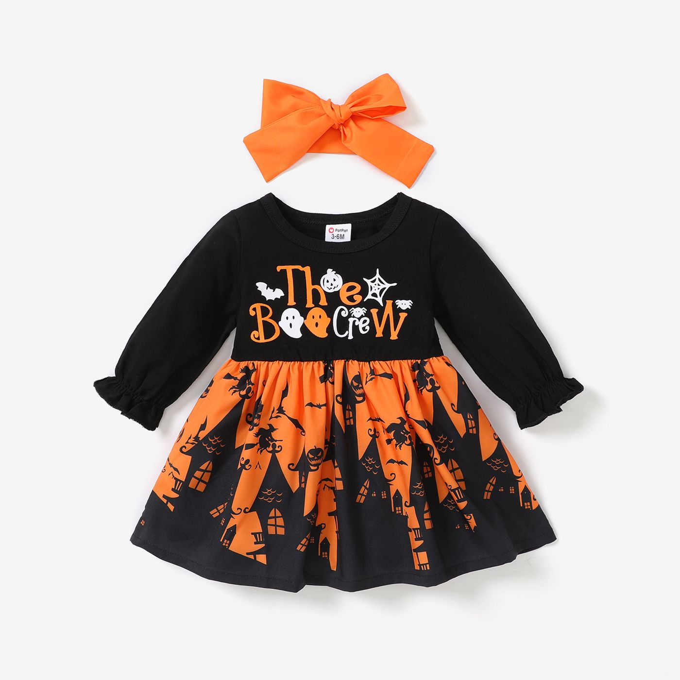 

Halloween 2pcs Baby Girl 95% Cotton Long-sleeve Graphic Spliced Dress with Headband Set