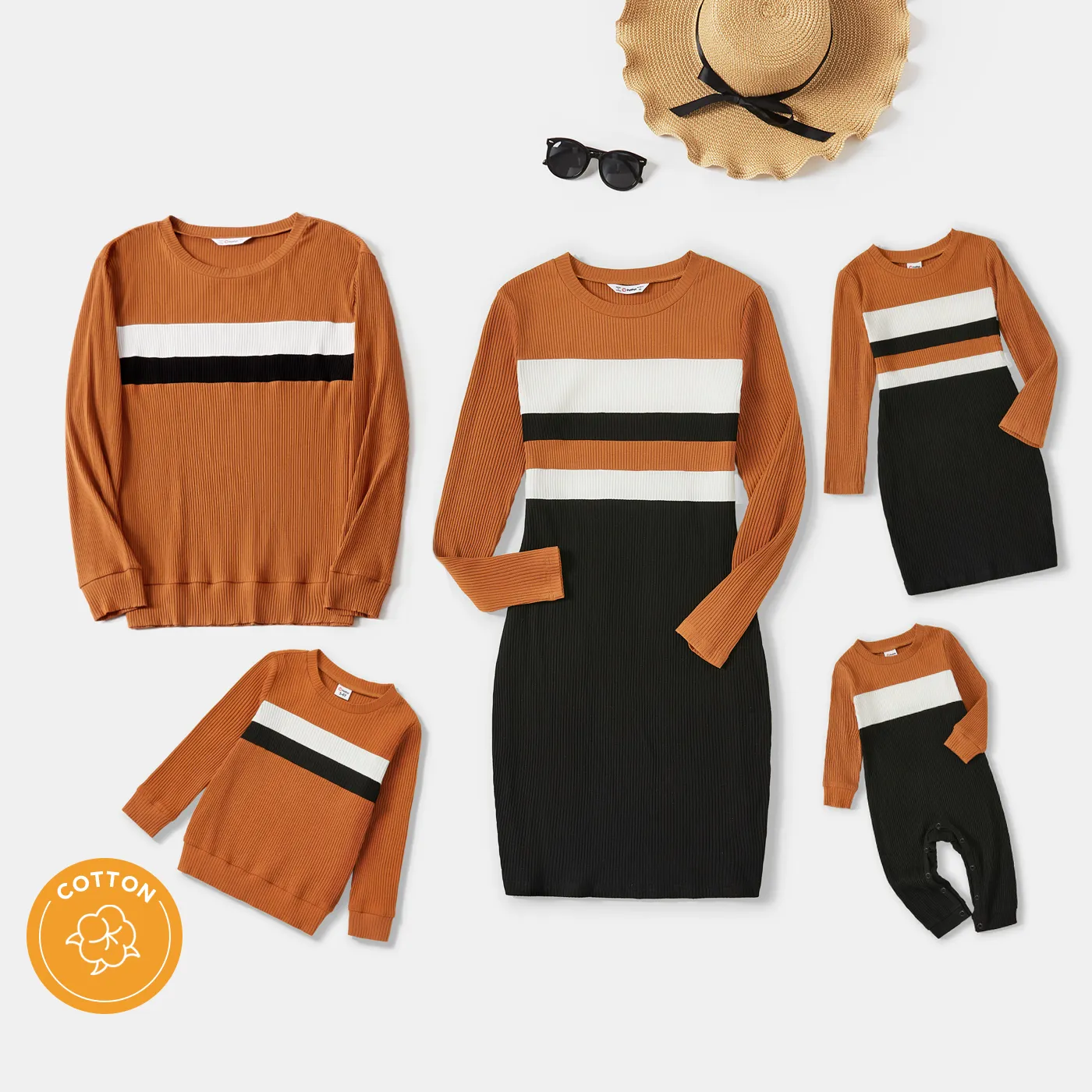 Family Matching Cotton Rib Knit Colorblock Long-sleeve Bodycon Dresses and Tops Sets Black/White/Red image 2