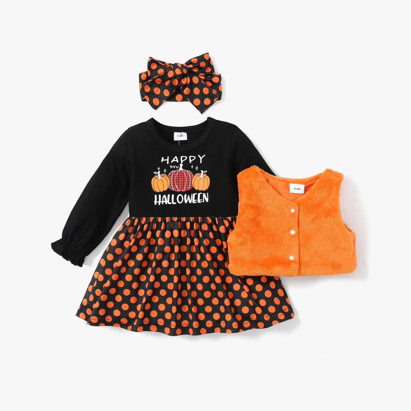 

Halloween 3pcs Baby Girl 95% Cotton Long-sleeve Letter & Pumpkin Print Spliced Polka Dot Dress and Fuzzy Vest with Headband Set