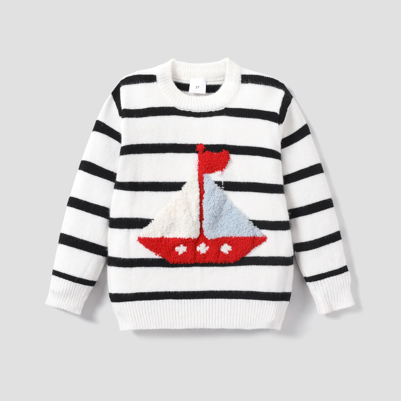 Toddler Boy Sailboat Pattern Stripe Knit Sweater  White big image 1