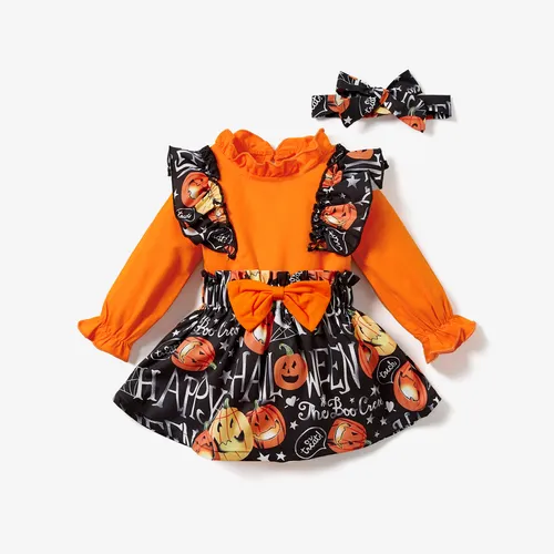 Halloween 3pcs Baby Girl 95% Cotton Long-sleeve Ruffle Trim Romper and Bow Front Allover Pumpkin & Letter Print Skirt with Headband Set