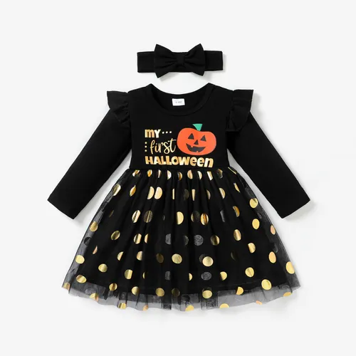 Halloween 2pcs Baby Girl Ruffle Long-sleeve Pumpkin & Letter Print Spliced Polka Dot Mesh Fairy Dress with Headband Set