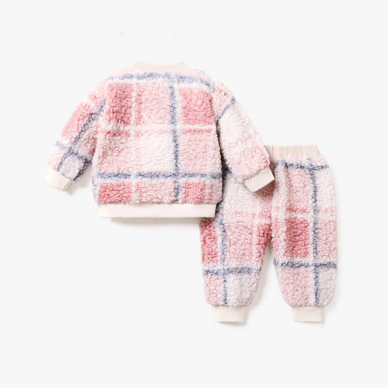 2-piece Baby Boy Plaid Fuzzy Sweatshirt and Pants Casual Set Light Pink big image 1