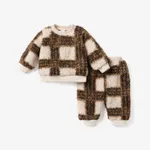 2-piece Baby Boy Plaid Fuzzy Sweatshirt and Pants Casual Set Brown