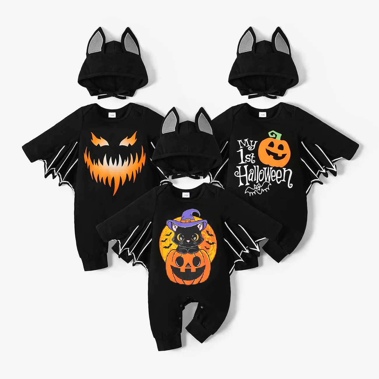 Halloween 2pcs Baby Boy/Girl 95% Cotton Batwing Sleeve Pumpkin & Letter Print Jumpsuit with Hat Set Color-A big image 1