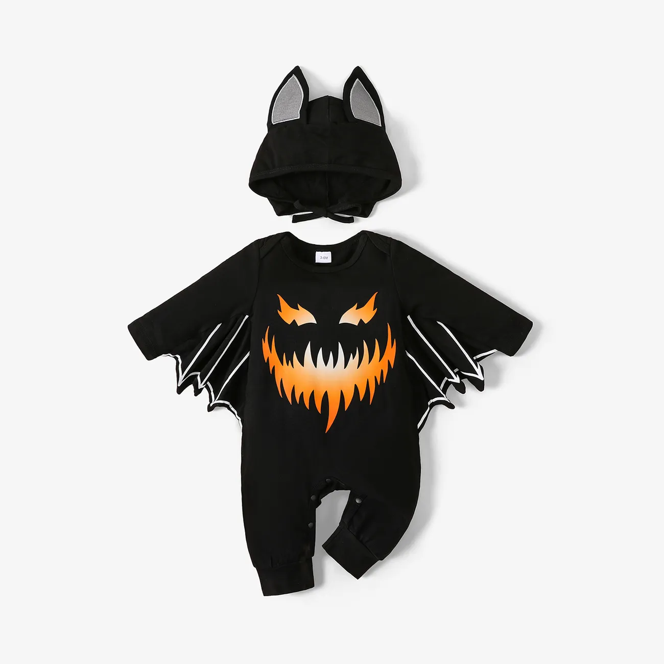 Halloween 2pcs Baby Boy/Girl 95% Cotton Batwing Sleeve Pumpkin & Letter Print Jumpsuit with Hat Set  big image 1