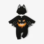 Halloween 2pcs Baby Boy/Girl 95% Cotton Batwing Sleeve Pumpkin & Letter Print Jumpsuit with Hat Set Color-A