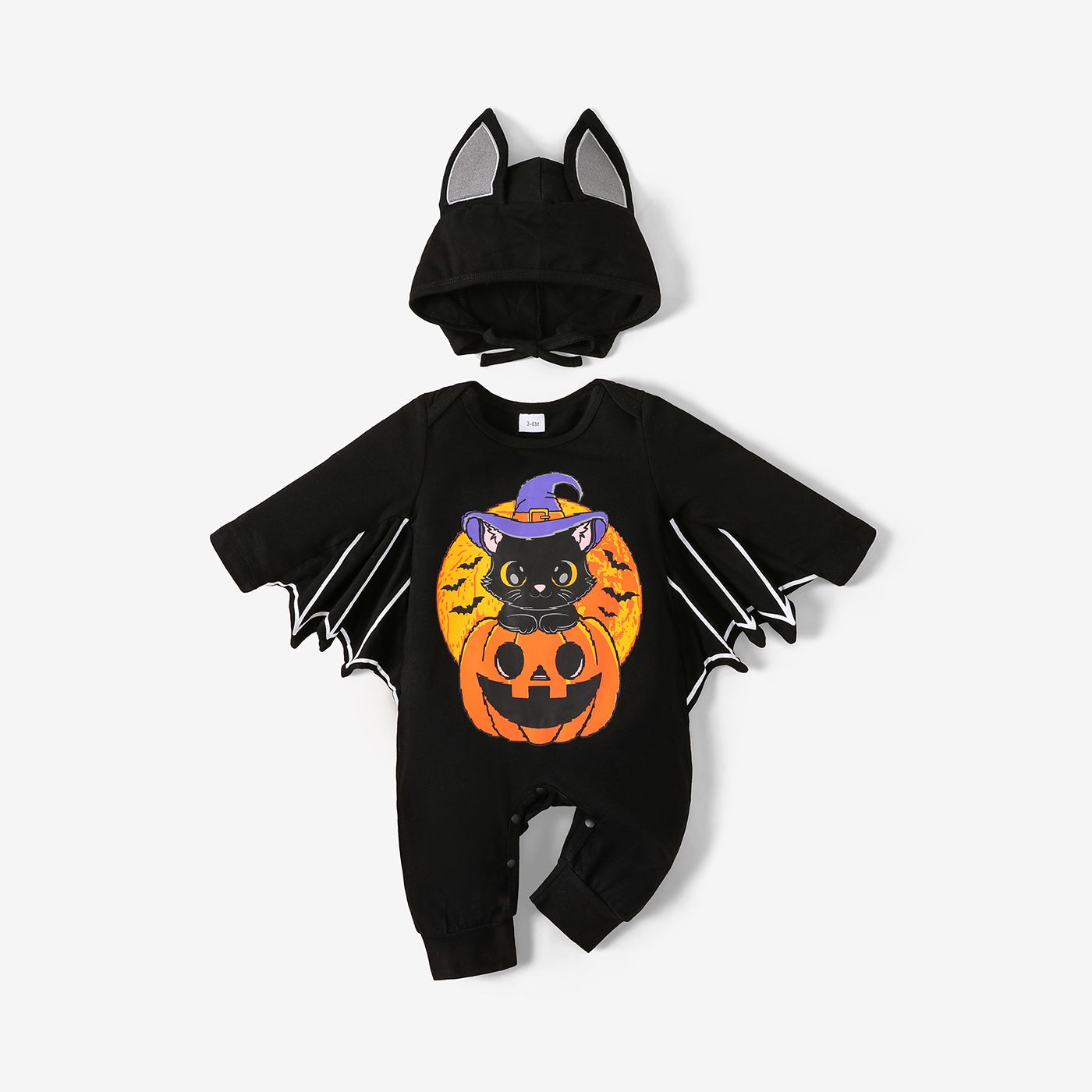 Halloween 2pcs Baby Boy/Girl 95% Cotton Batwing Sleeve Pumpkin & Letter Print Jumpsuit with Hat Set