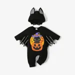 Halloween 2pcs Baby Boy/Girl 95% Cotton Batwing Sleeve Pumpkin & Letter Print Jumpsuit with Hat Set Color-B
