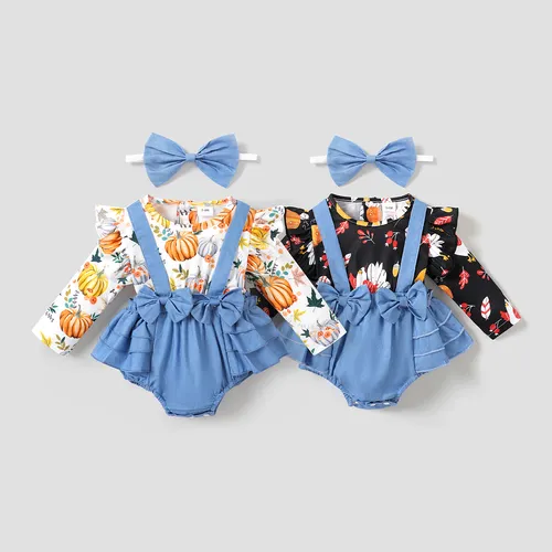 Baby 2pcs Thanksgiving Pumpkin Print Splicing Denim Ruffle Bowknot Long-sleeve Romper Set
