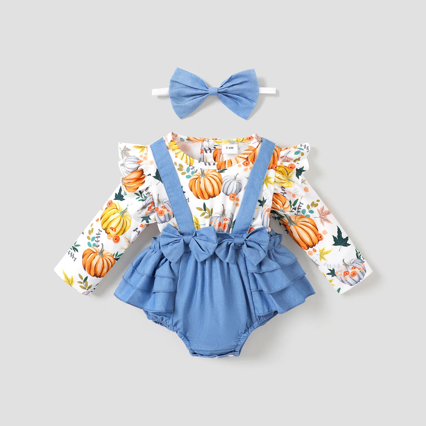 Baby 2pcs Thanksgiving Pumpkin Print Splicing Denim Ruffle Bowknot Long-sleeve Romper Set  big image 1
