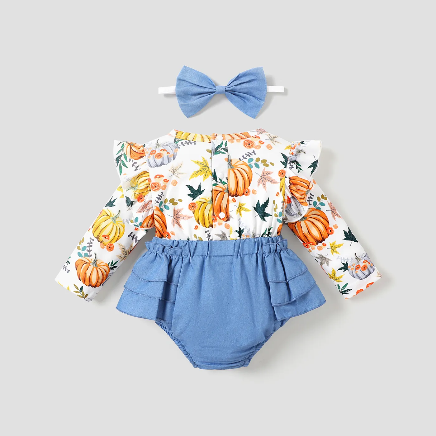Baby 2pcs Thanksgiving Pumpkin Print Splicing Denim Ruffle Bowknot Long-sleeve Romper Set  image 3