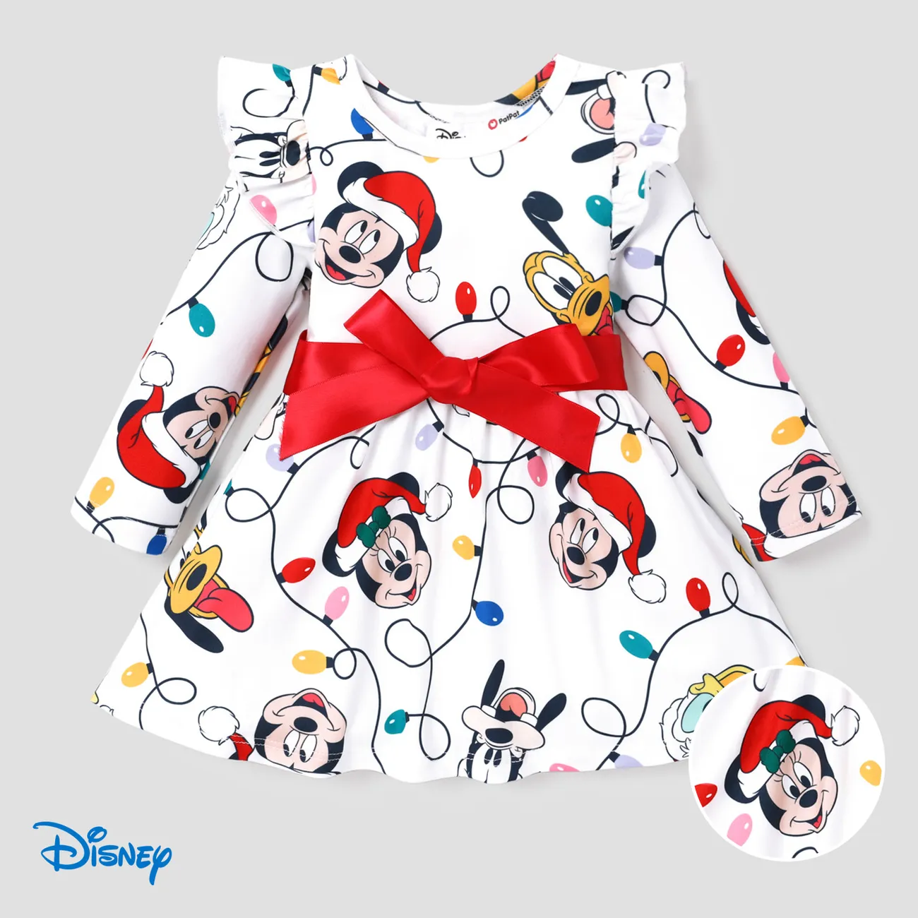 Disney Mickey and Friends Toddler Girl Christmas Full Print Bow Tie Long-sleeve Dress  Red big image 1