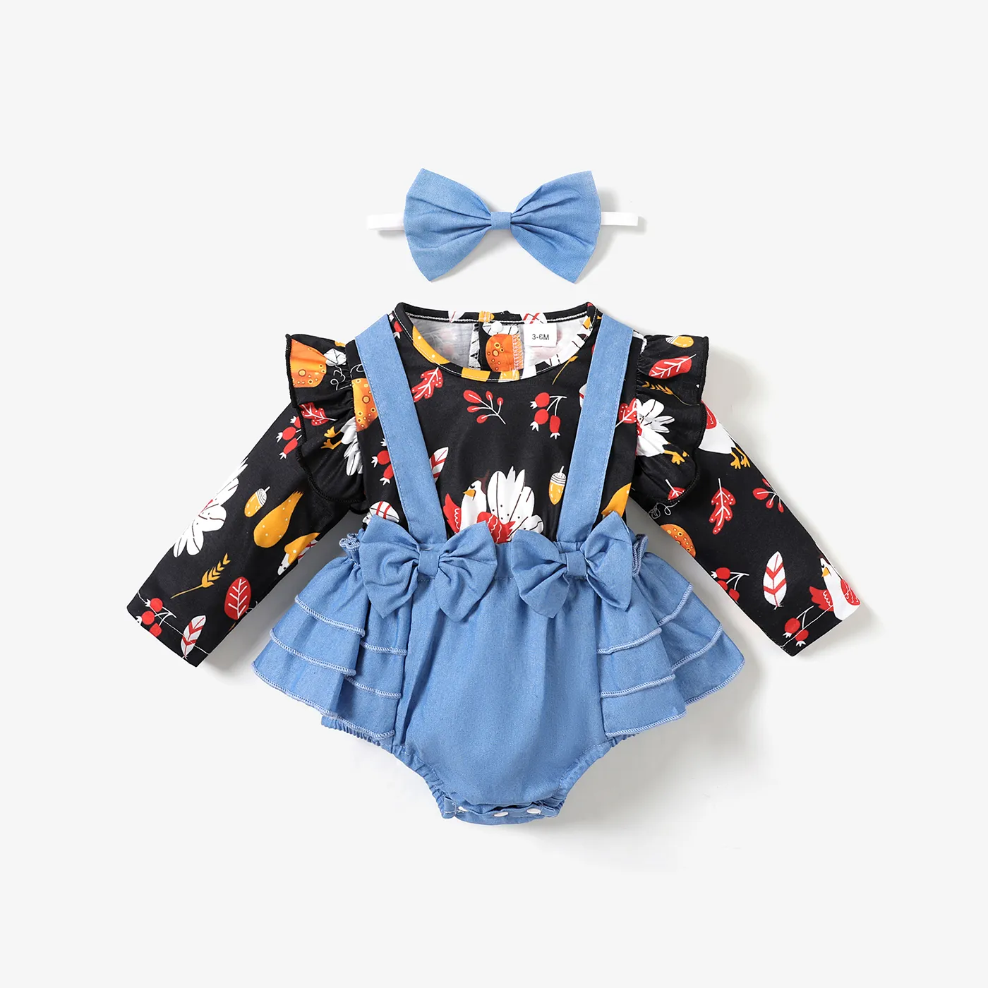 Baby 2pcs Thanksgiving Pumpkin Print Splicing Denim Ruffle Bowknot Long-sleeve Romper Set Color block