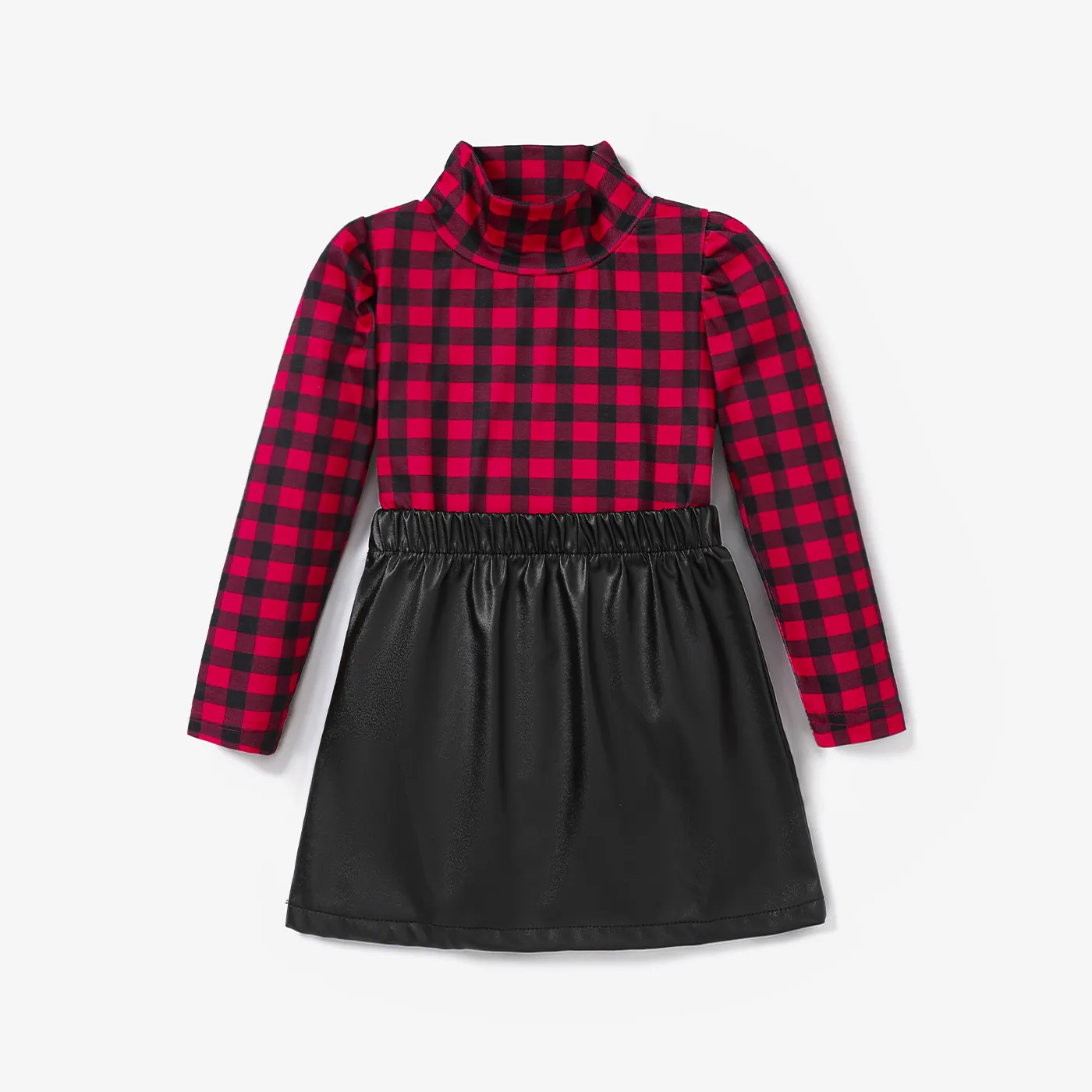2PCS Toddler Girl Grid/Houndstooth  Puff Sleeves Dress Set