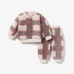 2-piece Baby Boy Plaid Fuzzy Sweatshirt and Pants Casual Set Mauve Pink