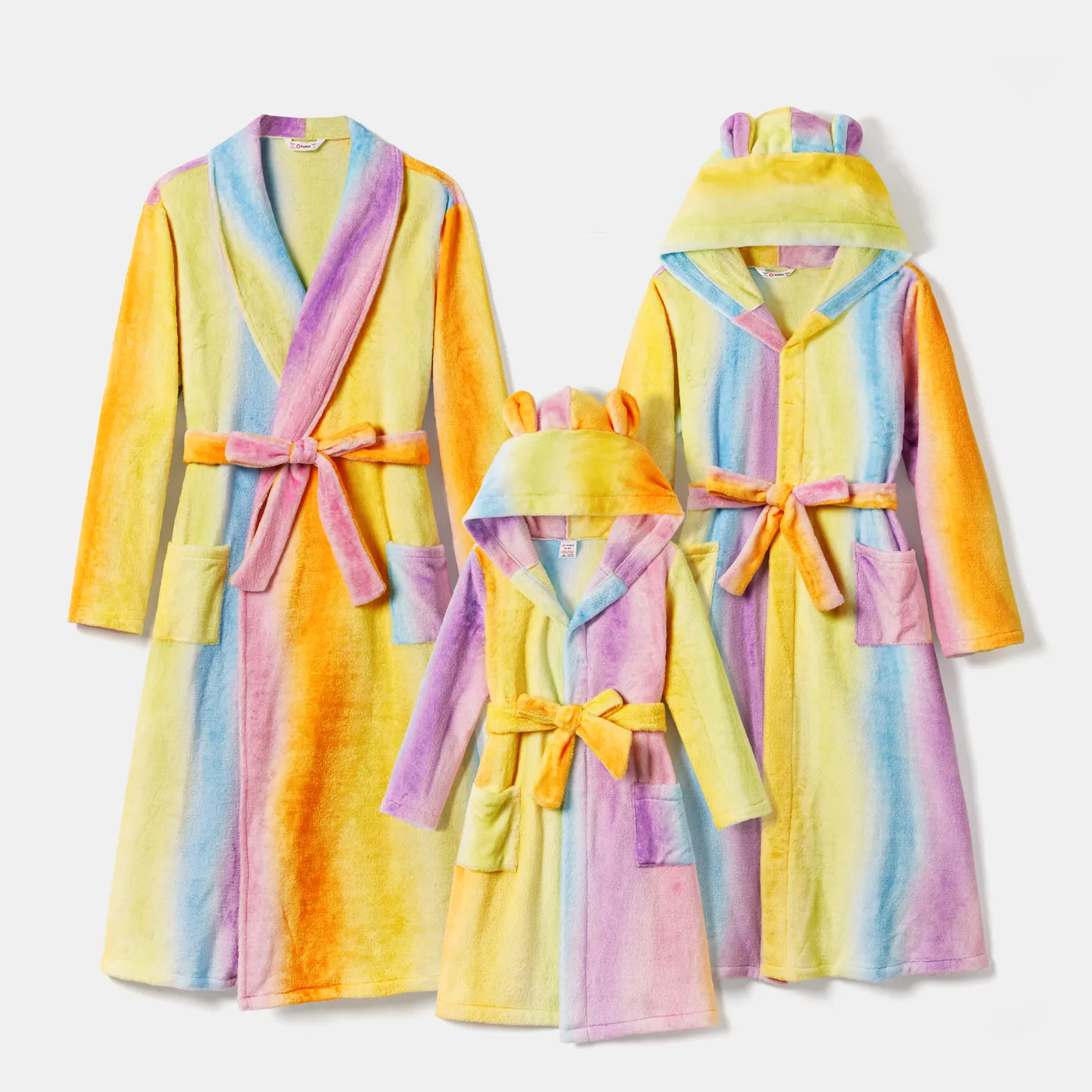 Family Matching Rainbow Fleece Long-sleeve Hoodie Belted Pajamas Robes (Flame Resistant)