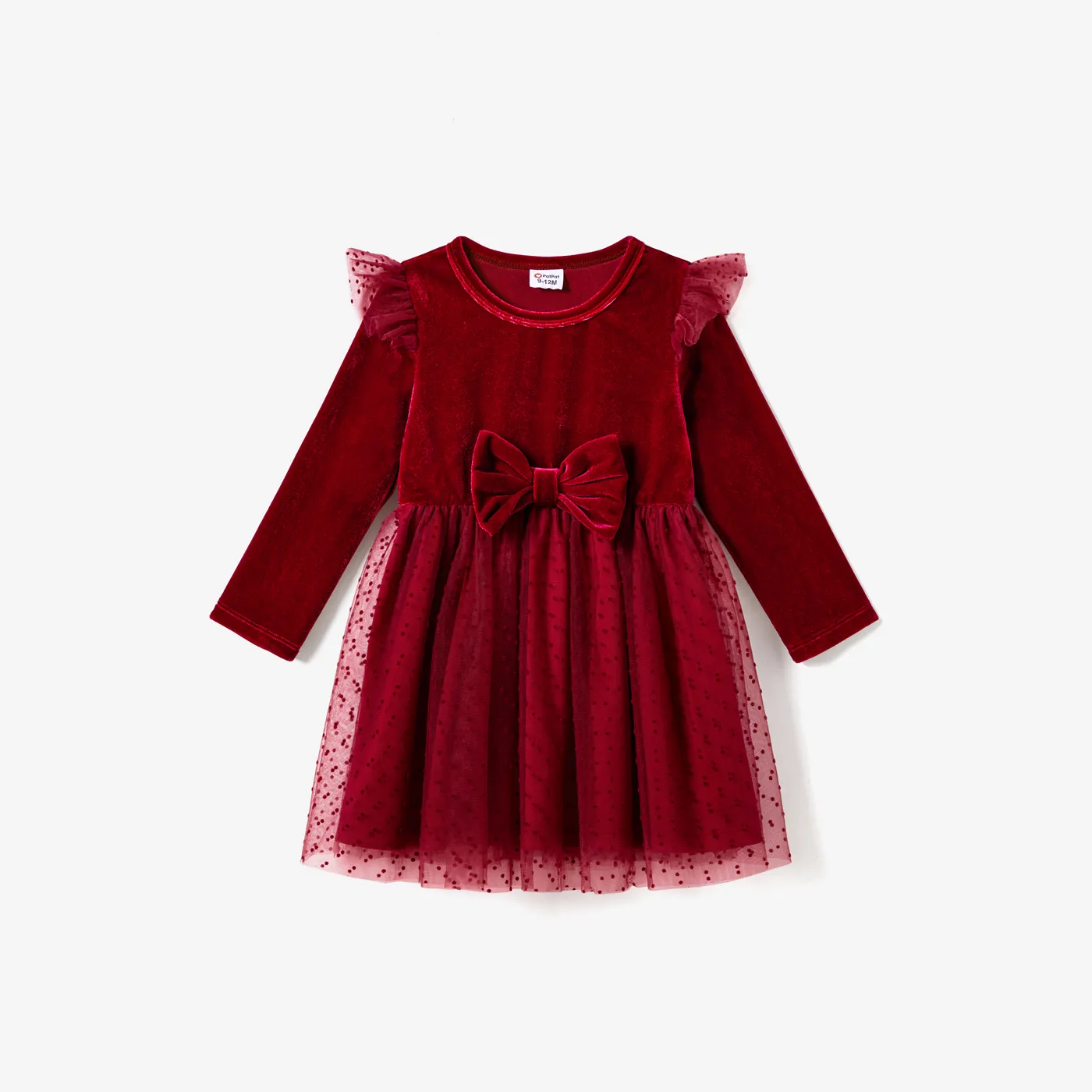 Christmas Family Matching Long Sleeve Color-block Tops & Velvet Dresses Sets Burgundy image 2