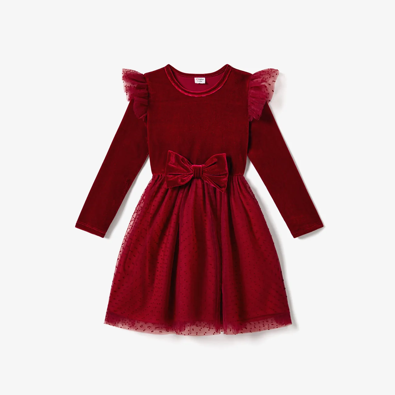 Christmas Family Matching Long Sleeve Color-block Tops & Velvet Dresses Sets Burgundy big image 1