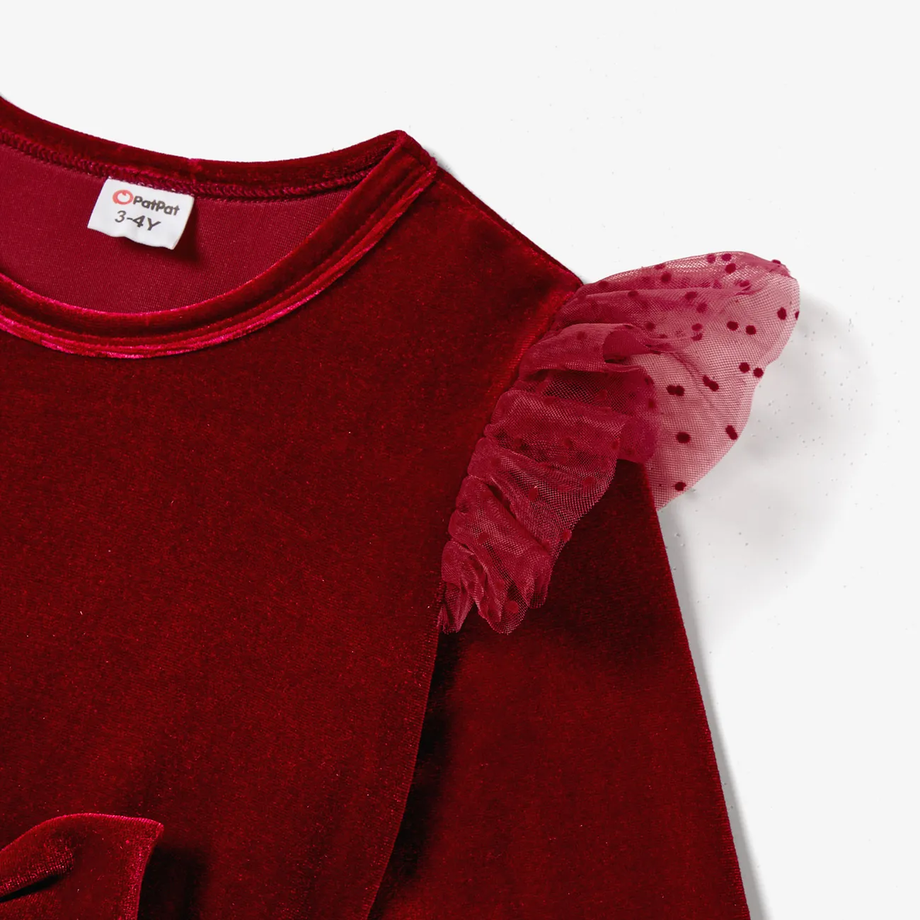 Christmas Family Matching Long Sleeve Color-block Tops & Velvet Dresses Sets Burgundy big image 1