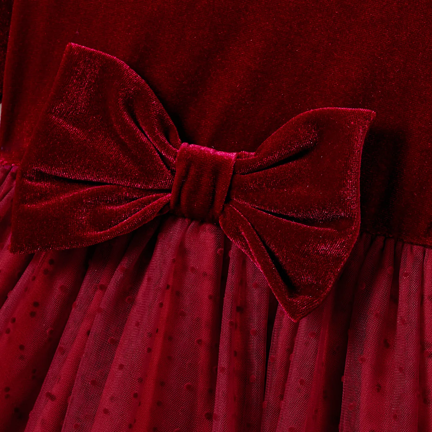 Christmas Family Matching Long Sleeve Color-block Tops & Velvet Dresses Sets Burgundy image 4