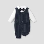 100% Cotton Stripe Print Bow Tie Decor Long-sleeve Baby Jumpsuit Dark Blue