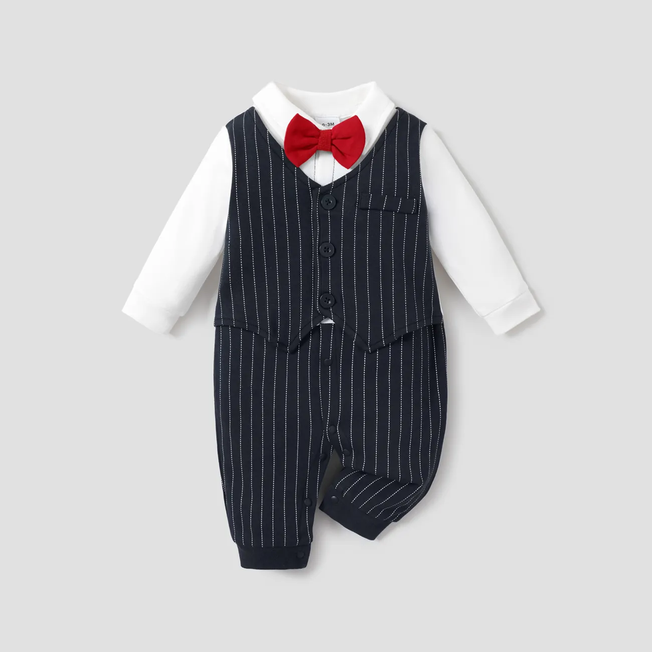 100% Cotton Stripe Print Bow Tie Decor Long-sleeve Baby Jumpsuit Black big image 1