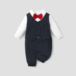 100% Cotton Stripe Print Bow Tie Decor Long-sleeve Baby Jumpsuit Black
