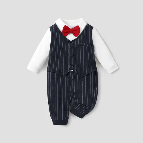 100% Cotton Stripe Print Bow Tie Decor Long-sleeve Baby Jumpsuit