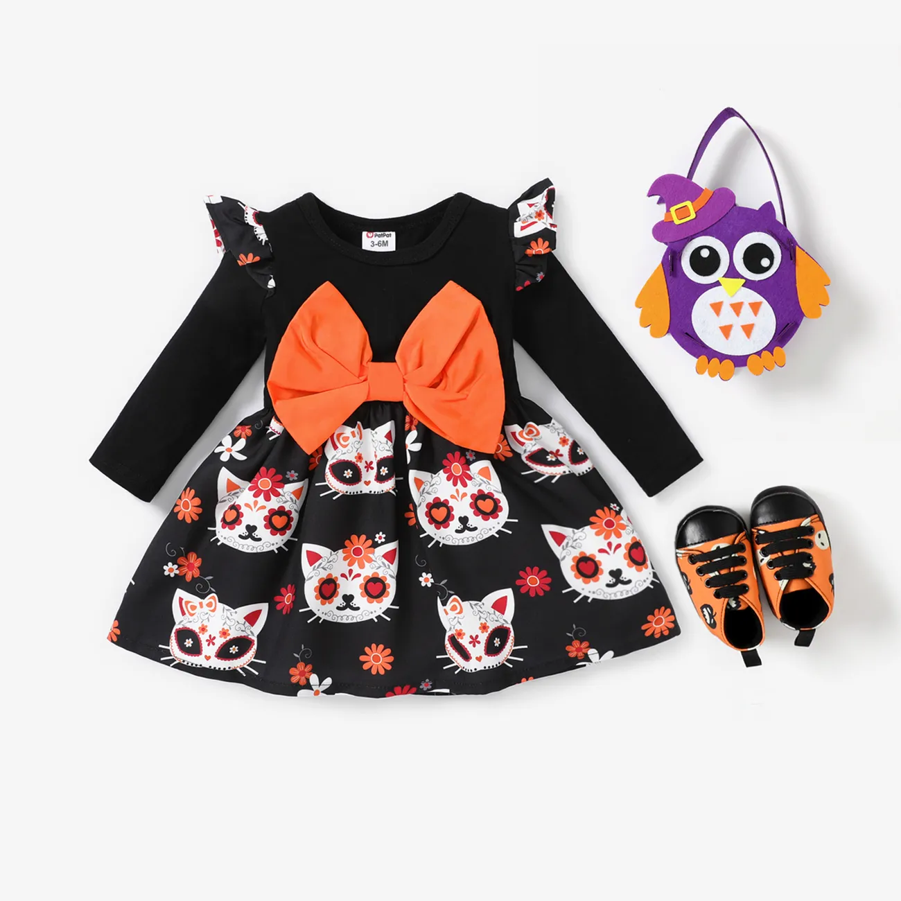 Halloween Baby Girl 95% Cotton Long-sleeve Bow Front Spliced Allover Print Dress Color block big image 1