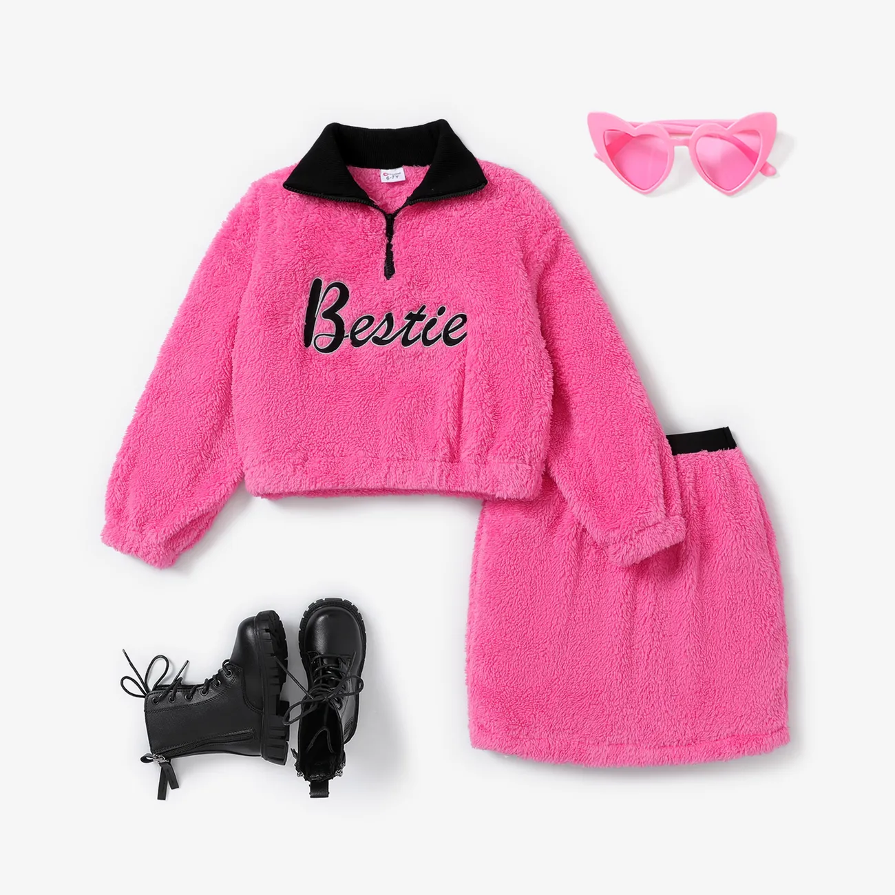 2PCS Kid Girl Zipper Design Avant-garde Letter Top/Skirt Set  Hot Pink big image 1