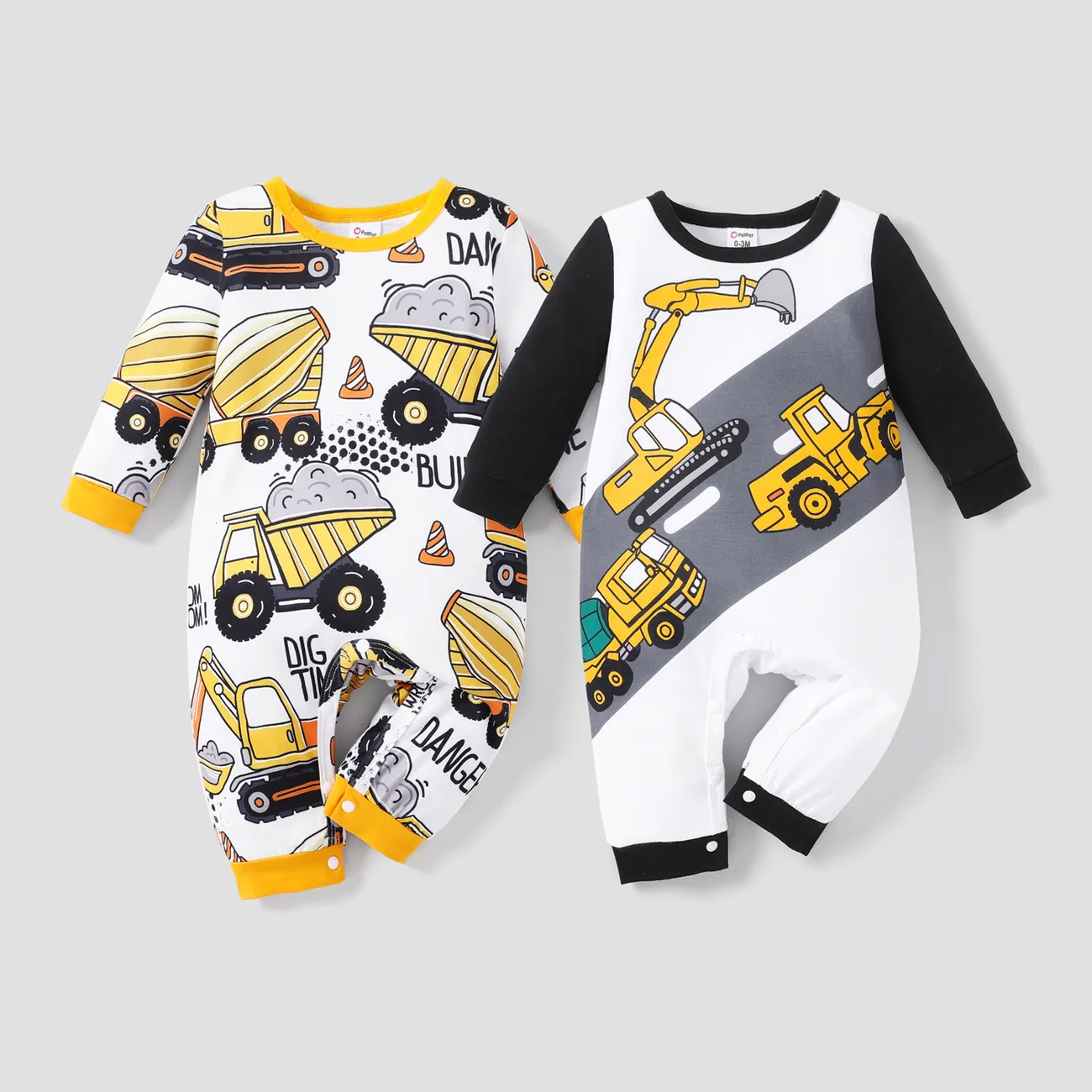 Baby Boy Allover Construction Vehicle Print Long-sleeve Jumpsuit Yellow big image 1