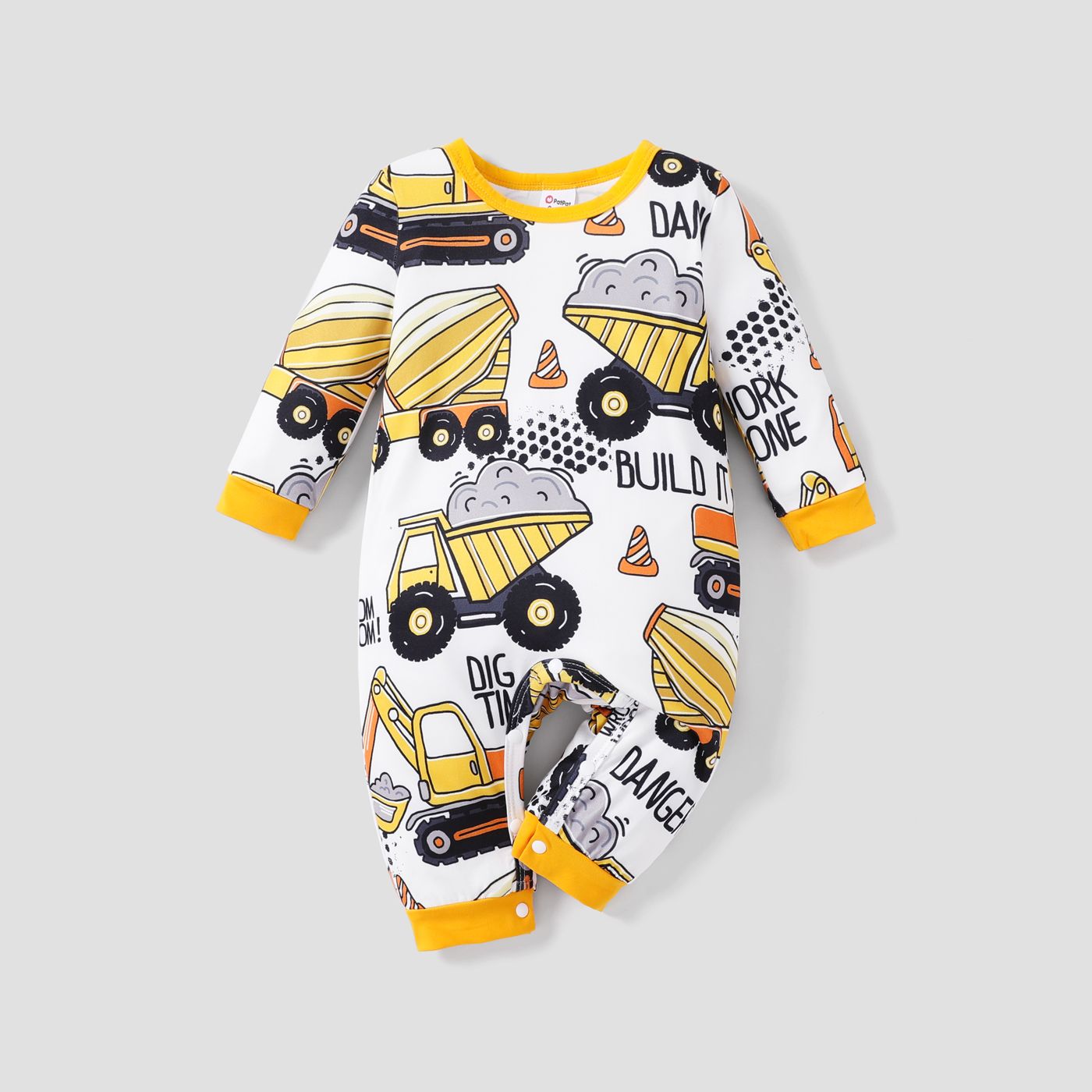 Baby Boy Allover Construction Vehicle Print Long-sleeve Jumpsuit
