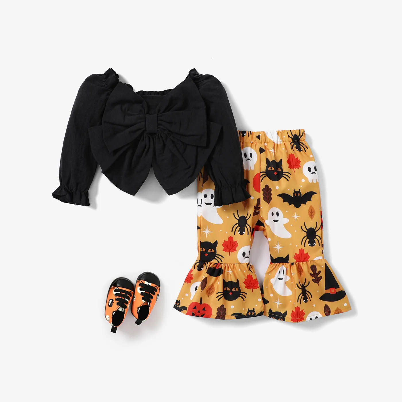 Halloween 2pcs Baby Girl Long-sleeve Bow Front Crop Top and Allover Print Flared Pants Set