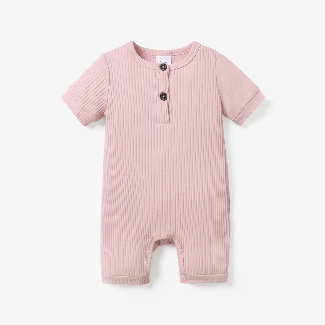 Baby Boy/Girl Cotton Ribbed Short-sleeve Button Up Romper Pink big image 1