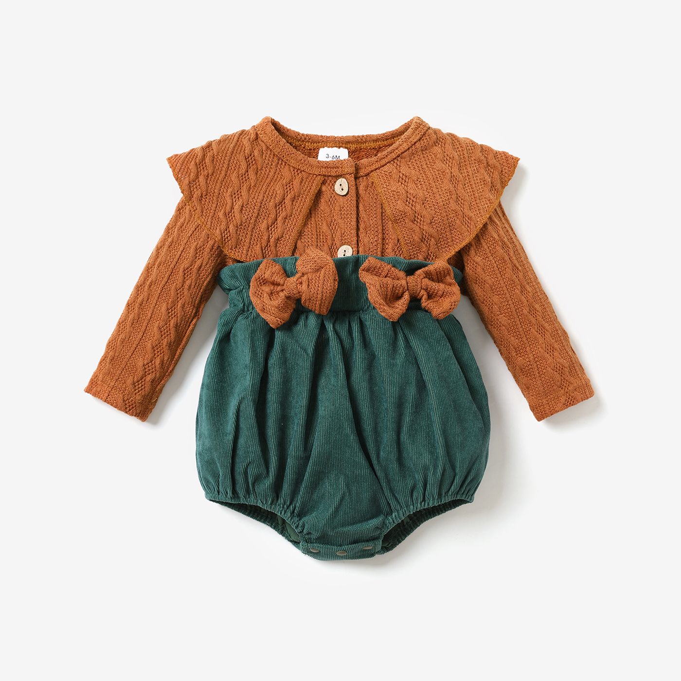 Cable Knit Long-sleeve Splicing Corduroy Bowknot Baby Romper