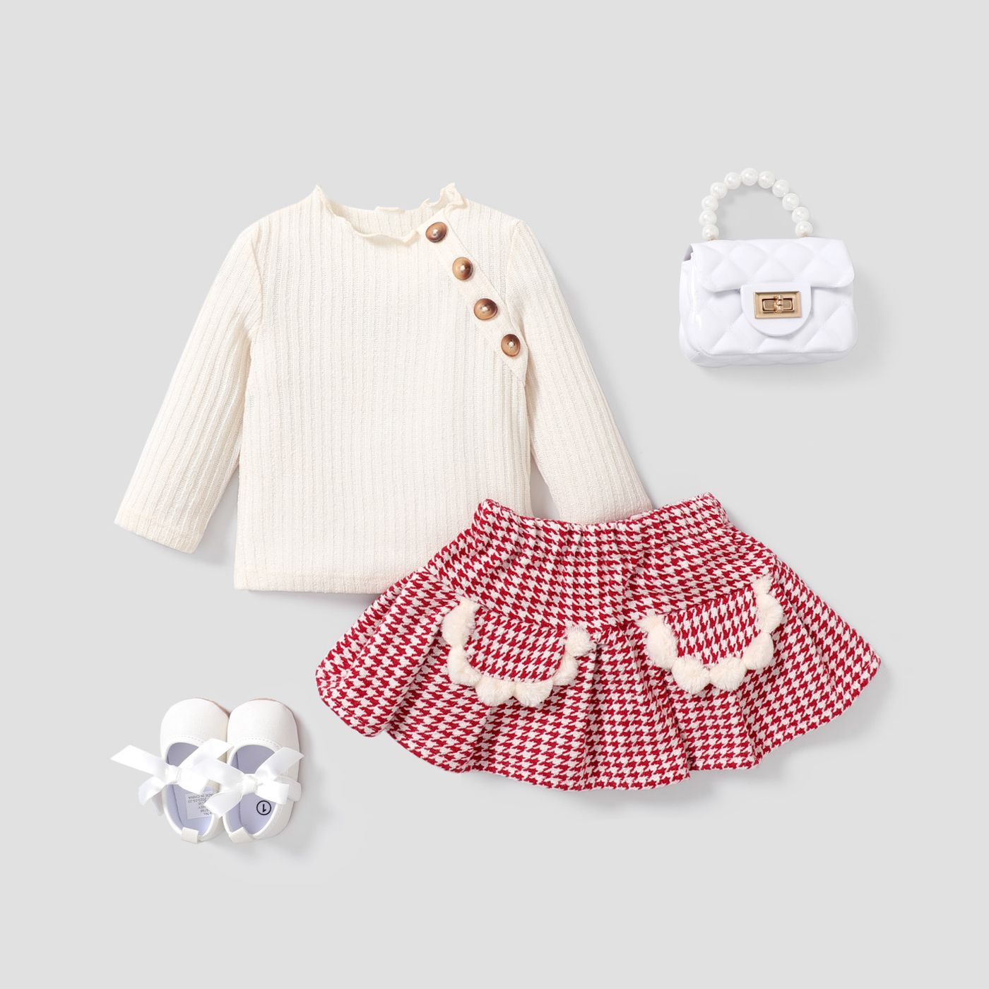 

2PCS Baby Girl Secret Button Top/Grid/Houndstooth Pattern School Suit-Dress