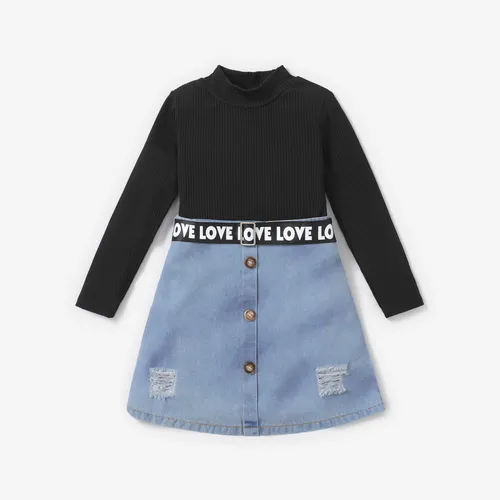  3pcs Kid Girl Stylish Avant-Garde Solid color Top and Denim Skirt with Letter pattern Belt