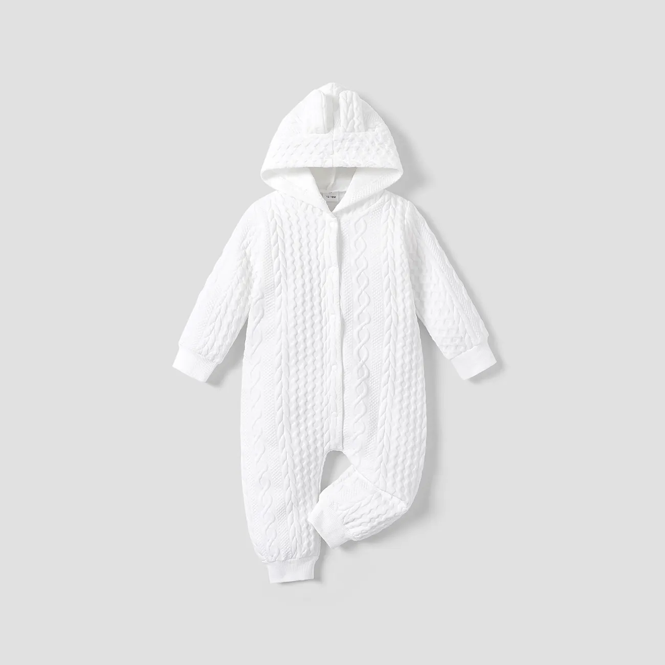 Solid Knitted Hooded Long-sleeve Pink Baby Jumpsuit White big image 1