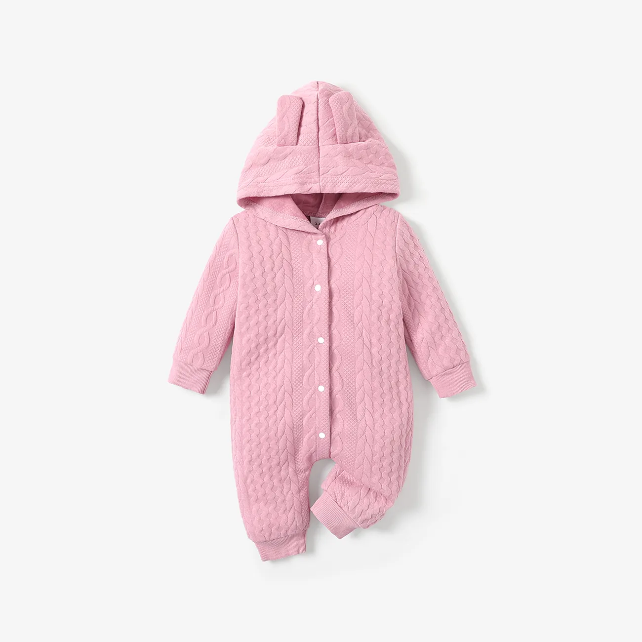 Solid Knitted Hooded Long-sleeve Pink Baby Jumpsuit Pink big image 1