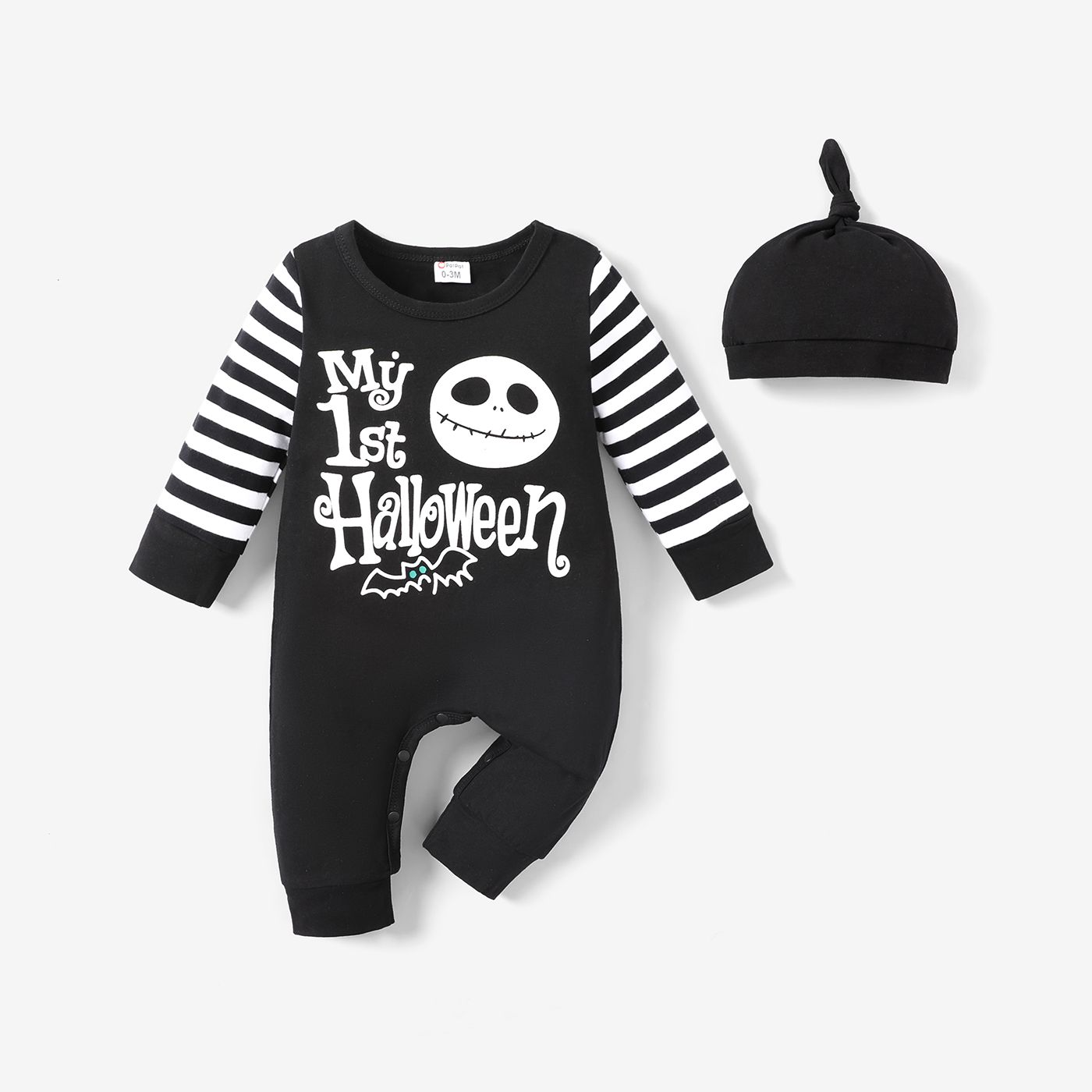 

Halloween 2pcs Baby Boy 95% Cotton Striped Long-sleeve Spliced Skull & Letter Print Jumpsuit with Hat Set