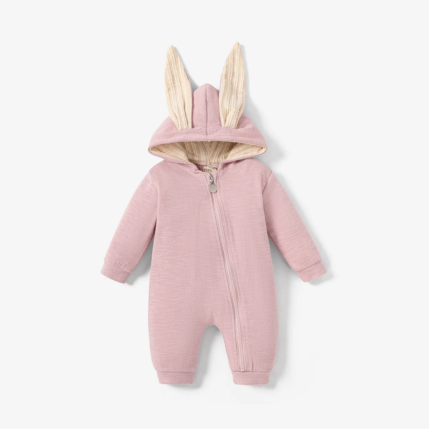 Solid Hooded 3D Bunny Ear Decor Long-sleeve White Or Pink Or Blue Or Grey Baby Jumpsuit