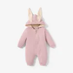 Solid Hooded 3D Bunny Ear Decor Long-sleeve White or Pink or Blue or Grey Baby Jumpsuit Pink