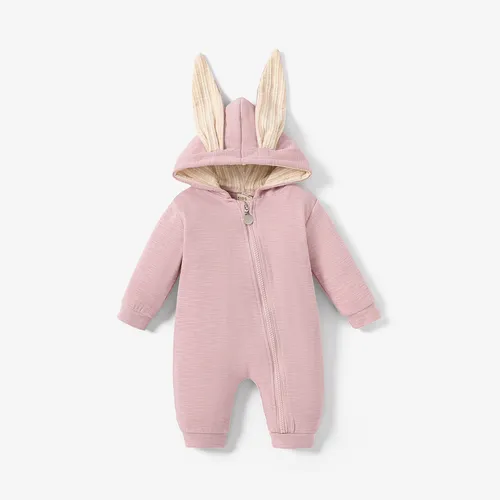 Solid Hooded 3D Bunny Ear Decor Long-sleeve White or Pink or Blue or Grey Baby Jumpsuit