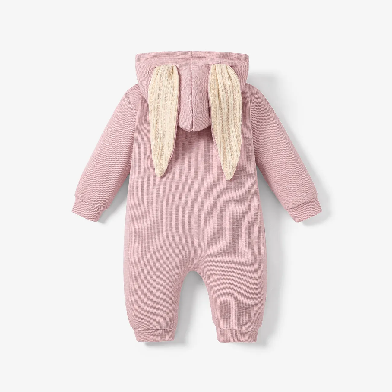 Solid Hooded 3D Bunny Ear Decor Long-sleeve White or Pink or Blue or Grey Baby Jumpsuit Pink big image 1