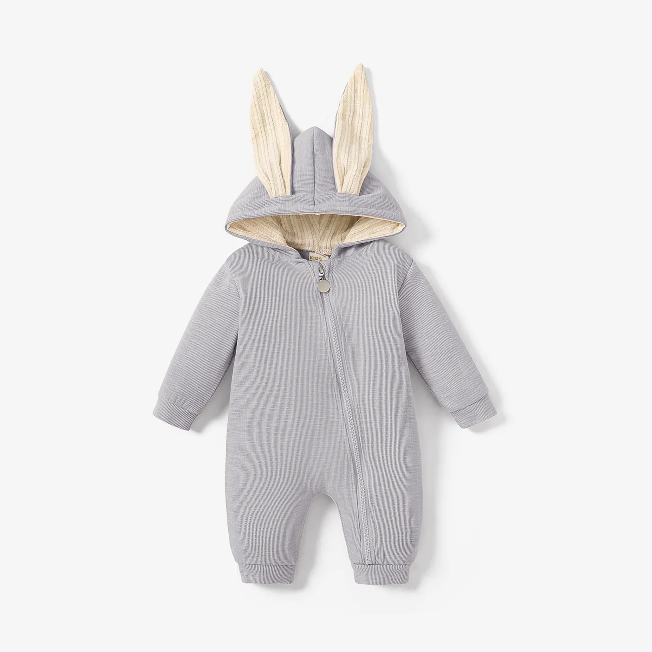 Solid Hooded 3D Bunny Ear Decor Long-sleeve White or Pink or Blue or Grey Baby Jumpsuit Grey big image 1